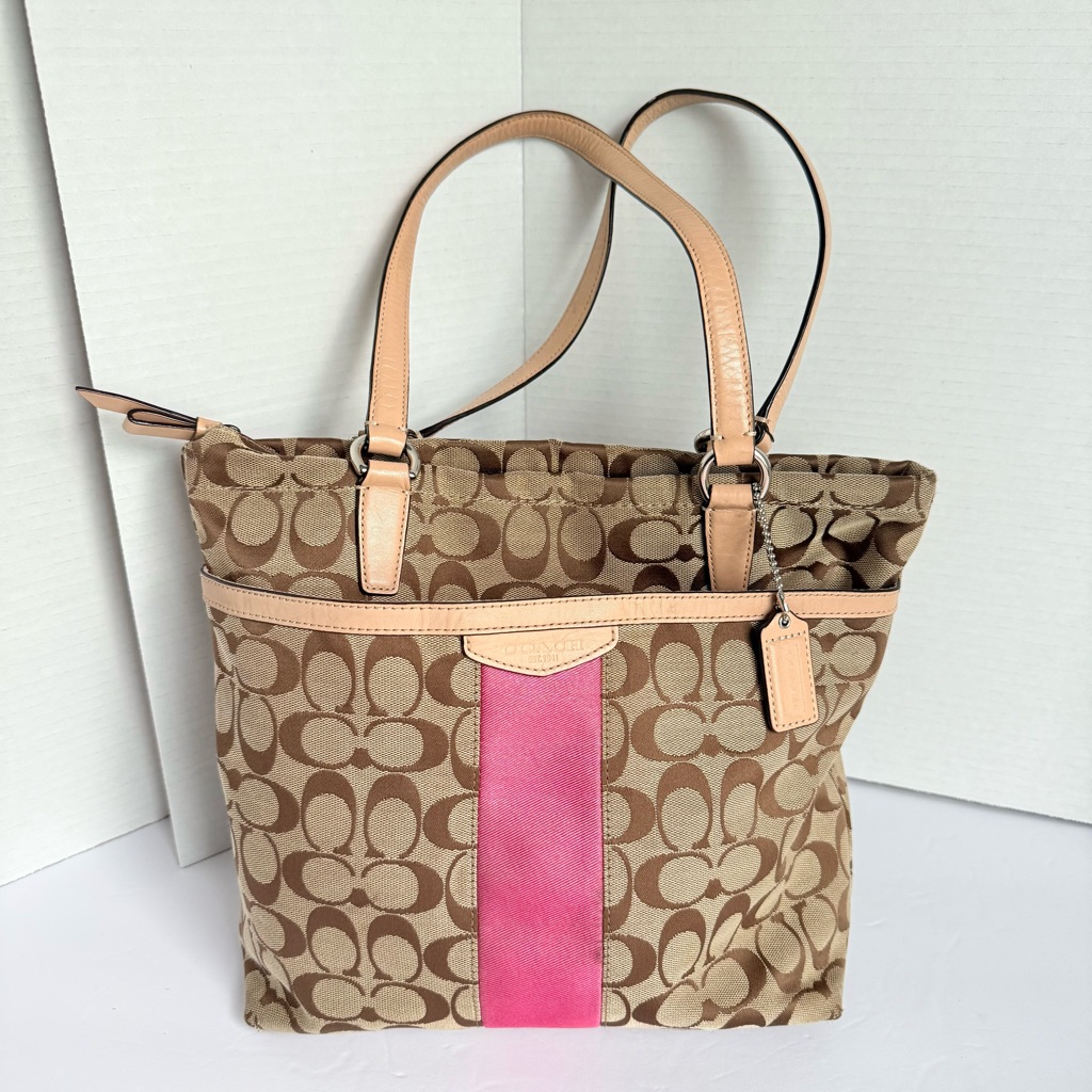 Coach Signature Stripe Canvas Tote Khaki & Pink